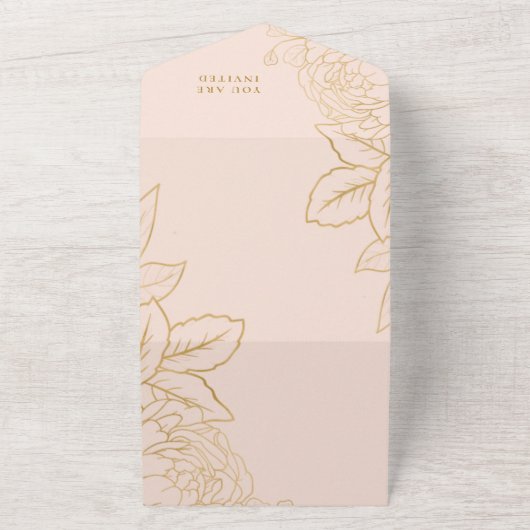 ドレエレガントス赤面と金ゴールドブライダルシャワー オールインワン招待状 (外側)