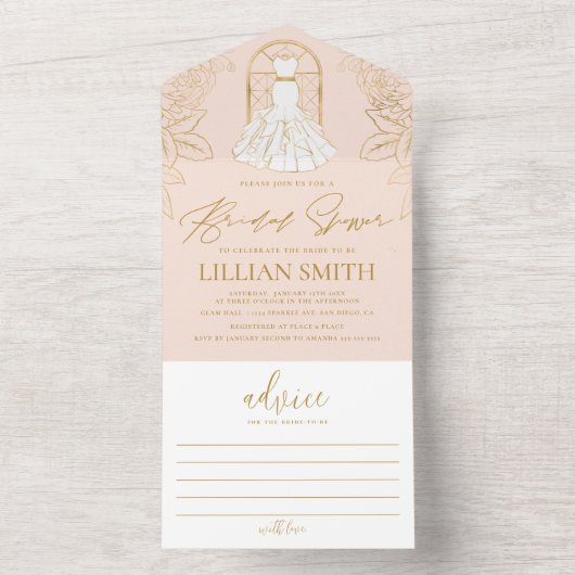 ドレエレガントス赤面と金ゴールドブライダルシャワー オールインワン招待状 (内側)