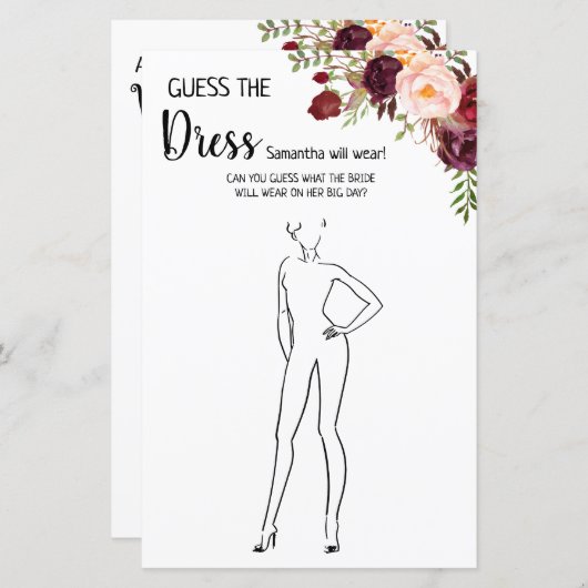 ドレスのブライダルシャワー英語のゲスペインのーム (正面/裏面)