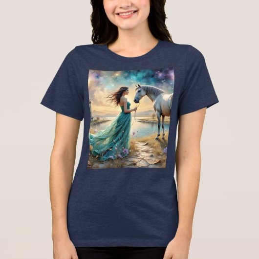 ドレスの女性とその馬の自然風景 トライブレンドＴシャツ (正面)