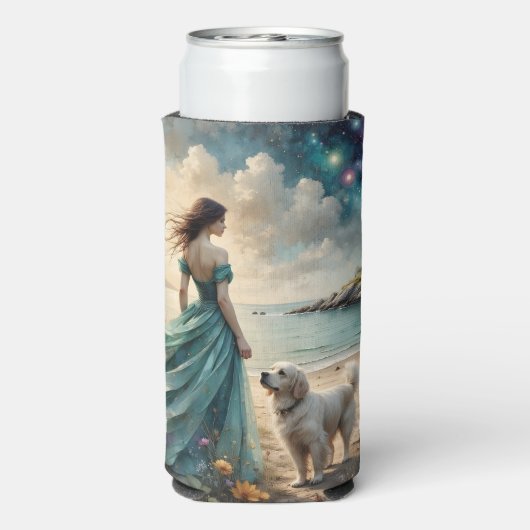 ドレスの女性と犬 - ighthouseビーチ スリム缶クーラー (Seltzer裏面)