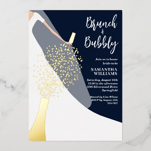 ドレスアンドヴェールブライダルシャワーネイビー 箔招待状 (正面)