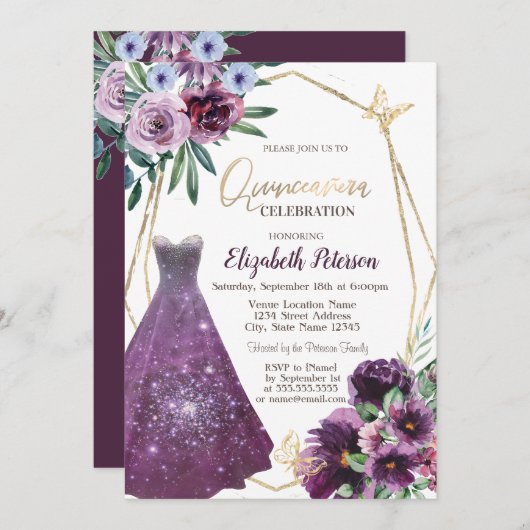 ドレスガール、バイオレットフラワーバタフライキンセアニェラ 招待状 (正面/裏面)