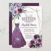 ドレスガール、バイオレットフラワーバタフライスウィート16 招待状 (正面/裏面)