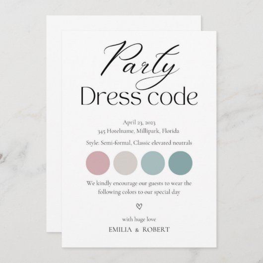 ドレスコードカード、パーティーの衣装を挿入 案内状 (正面/裏面)