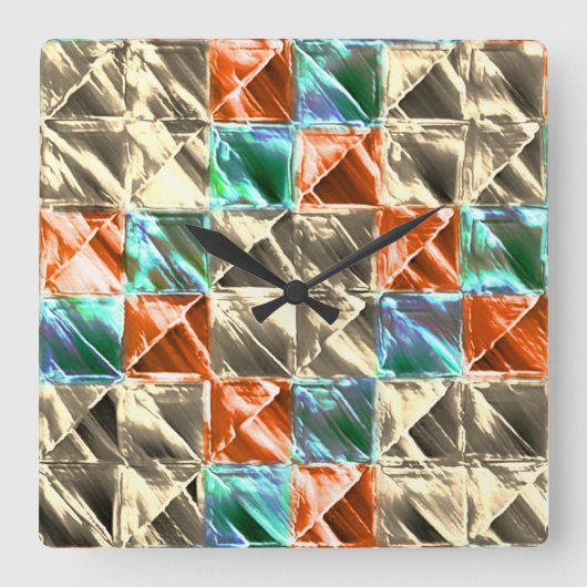 ドレスシーベージュ、シアンとサンゴのタイルまたは染色 スクエア壁時計 (正面)