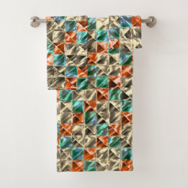 ドレスシーベージュ、シアンとサンゴのタイルまたは染色 バスタオルセット