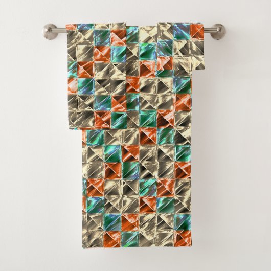 ドレスシーベージュ、シアンとサンゴのタイルまたは染色 バスタオルセット (インサイチュ)