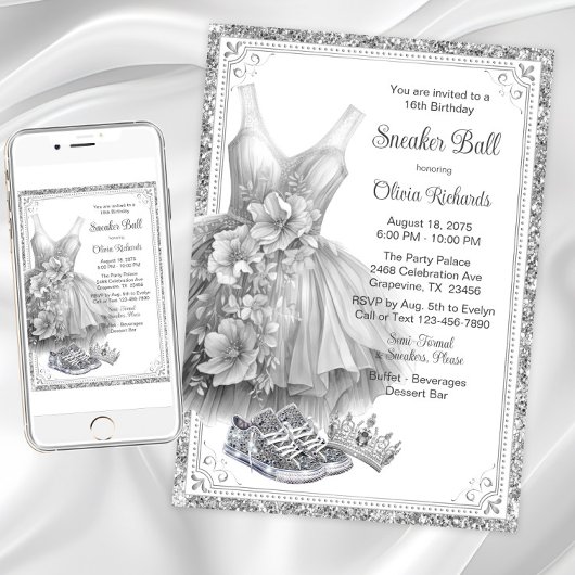 ドレススきらきら光るニーカーボール誕生日パーティー 招待状