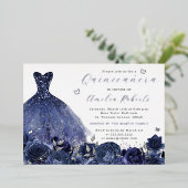 ドレスネイビーシルバーバタフライフローラ 箔招待状 (立ち正面)