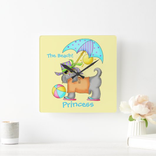 ドレスビーチドッグパーソナライズされたイエロー スクエア壁時計 (ホーム)