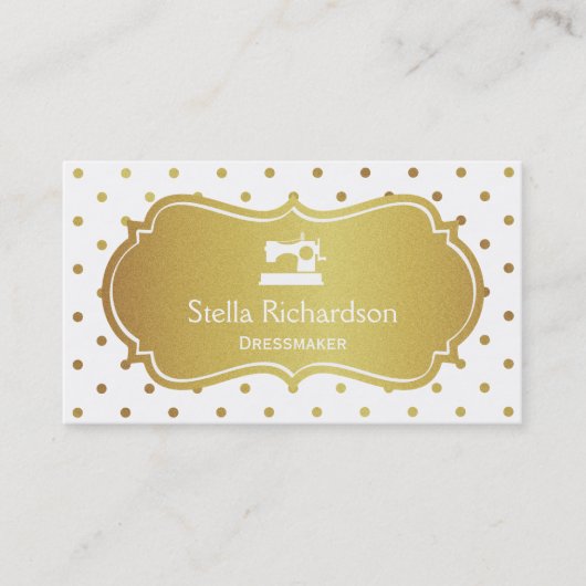 ドレスメーカーシーメストレスシックホワイト金ゴールド水玉模様 名刺 (正面)