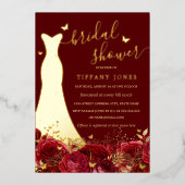 ドレスレッド金ゴールドフローラバラブライダルシャワー 箔招待状 (正面)