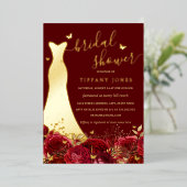 ドレスレッド金ゴールドフローラバラブライダルシャワー 箔招待状 (立ち正面)