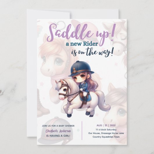 ドレスージライダーベビーガールシャワー馬乗り場途中 招待状 (正面)