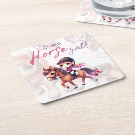 ドレスージライダーホースガールバースデーパーティー スクエアペーパーコースター (アングル)