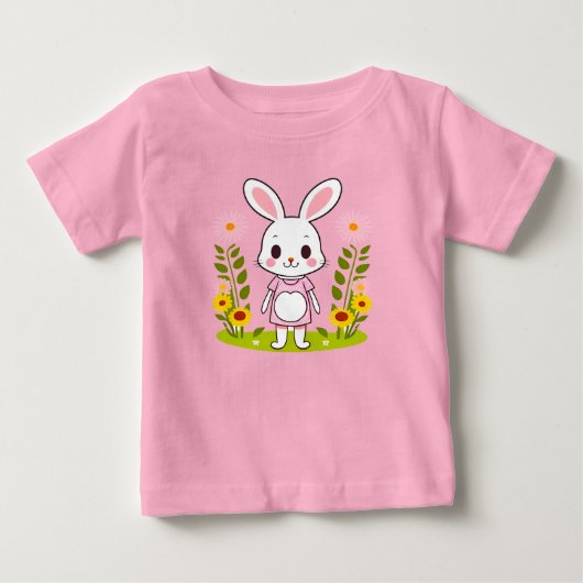 ドレス姿の可愛いウサギと花々 ベビーTシャツ (正面)