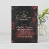 ドレス、ティアラ、シックな赤いバラのキンセアニエラ 招待状 (スタンド正面)