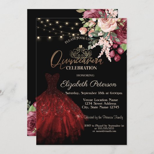 ドレス,ティアラ,ストリングライトフローラブラッククインセアニラ 招待状 (正面/裏面)