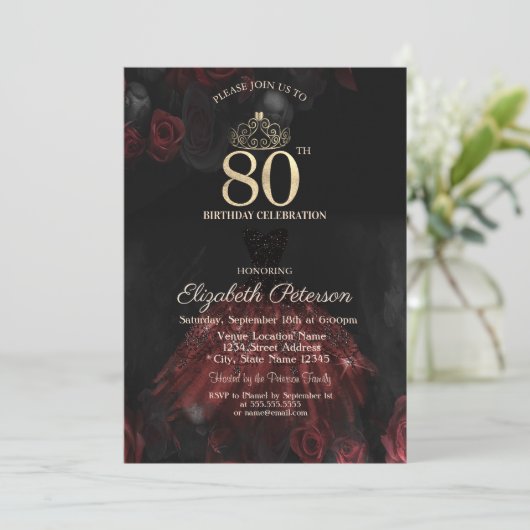 ドレス,ティアラ,レッドローズ80誕生日 招待状 (スタンド正面)