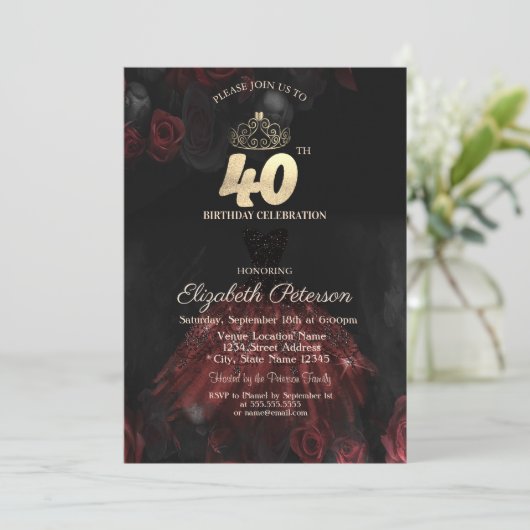 ドレス,ティアラ,赤いバラ40th誕生日 招待状 (スタンド正面)