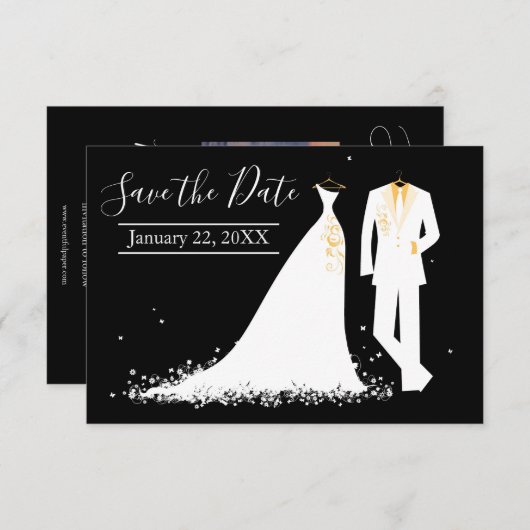 ドレス&トゥックス- 3x5写真付きで日付を保存 招待状 (正面/裏面)