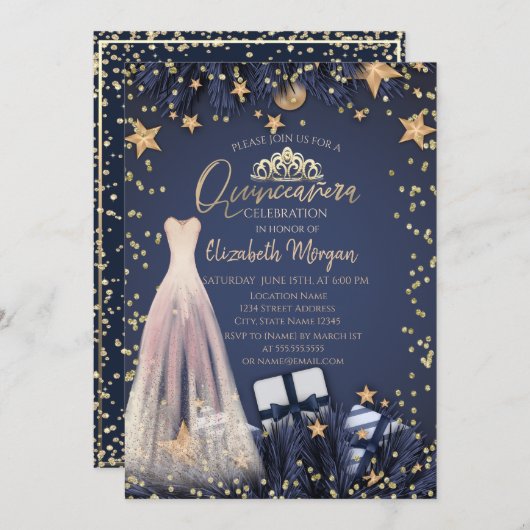 ドレス、ブランチ、ダイアモンズネイビーブルークインセアニラ 招待状 (正面/裏面)