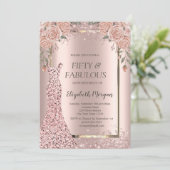 ドレス ローズゴールド グリッター コンフェッティ 花 50歳 招待状 (スタンド正面)