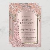 ドレス ローズゴールド グリッター コンフェッティ 花 50歳 招待状 (正面/裏面)