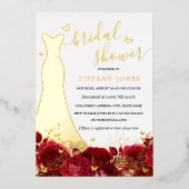 ドレス 赤 花柄 ローズゴールド ブライダルシャワー 箔招待状 (正面)