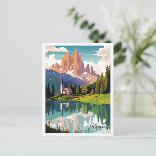 ドロミテスイタリアヴィンテージ旅行イラストレーション ポストカード (スタンド正面)
