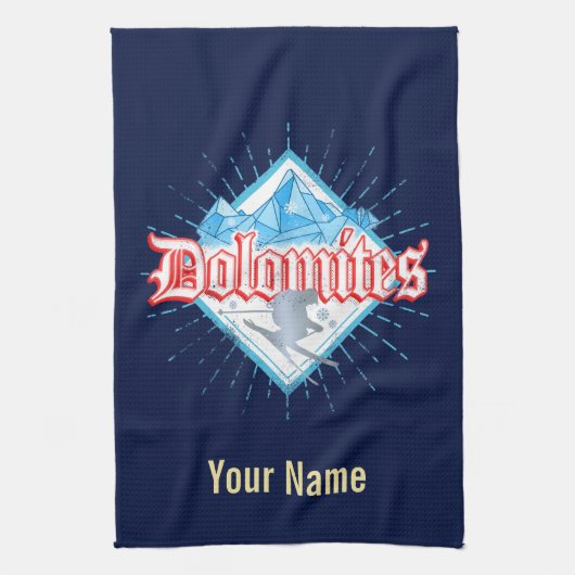 ドロミテスサウスチロルレトロスキーヤーヴィンテージスキー キッチンタオル (縦)