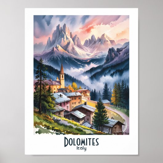ドロミテ イタリア アルプス 山の風景 水彩画 ポスター (正面)