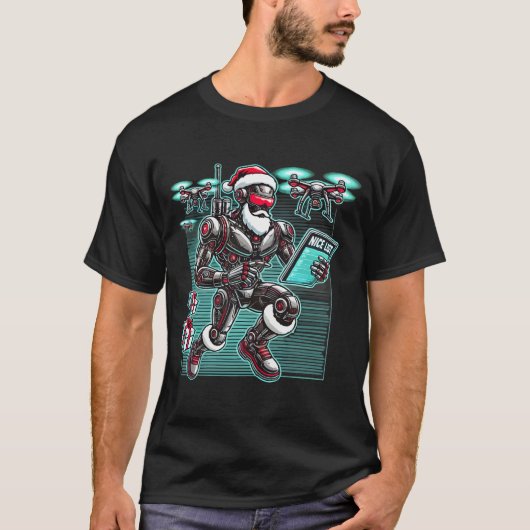 ドローンとクリスマスLを搭載したAI搭載サンタロボット Tシャツ (正面)