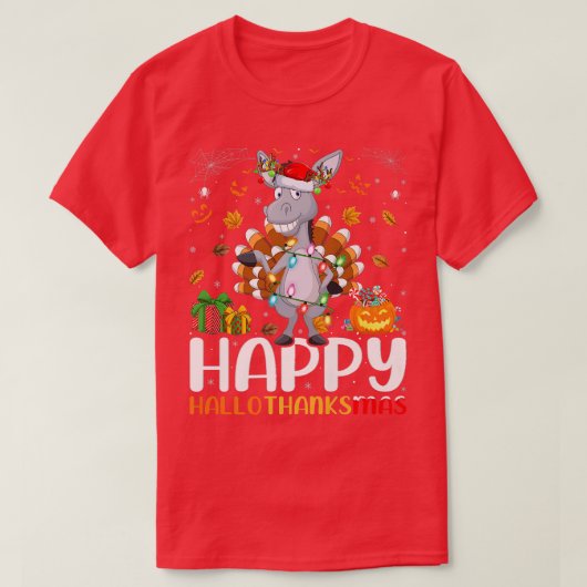 ドンキーラバーハロウィンクリスマスハッピーハロサンキュー Tシャツ (デザイン正面)