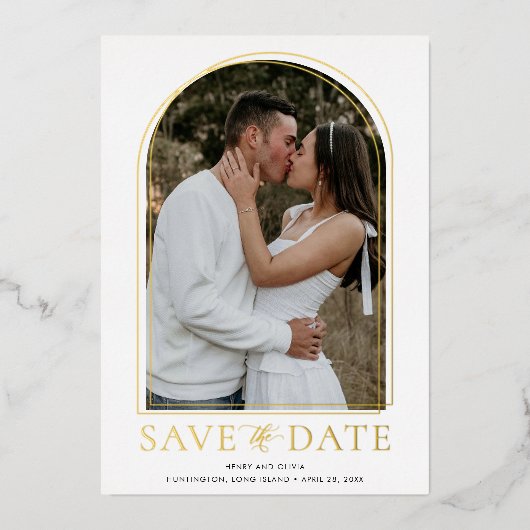 ドーエレガントムシェイプ写真データの保存実在金ゴールド 箔招待状 (正面)