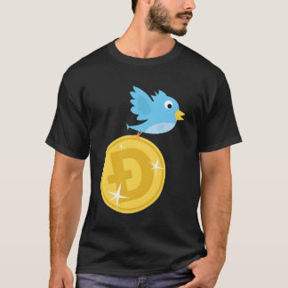 ドージコインと一緒に飛ぶTwitterの鳥のおもしろデザイン Tシャツ