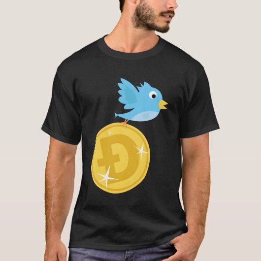 ドージコインと一緒に飛ぶTwitterの鳥のおもしろデザイン Tシャツ (正面)