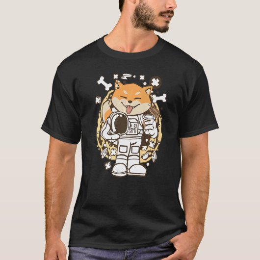 ドージ宇宙飛行士柴犬を月の外空間Aに Tシャツ (正面)