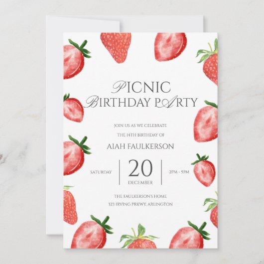 ドーターズピクニックイチゴテーマ誕生日パーティー 招待状 (正面)