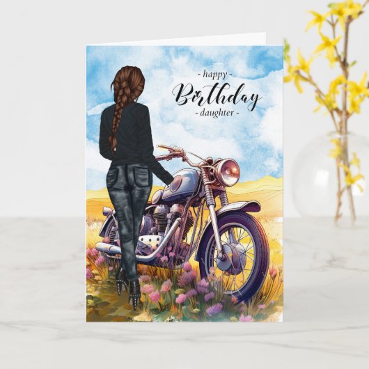 ドーターバイク及び女性ライダー誕生日 カード (黄色い花)