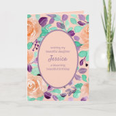ドーターパープルピーチパーソナライズされたフローラ誕生日 カード (正面)