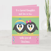 ドーターピンクと緑のペンギンのクリスマス カード (正面)