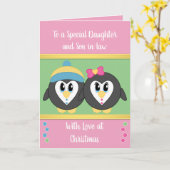 ドーターピンクと緑のペンギンのクリスマス カード (黄色い花)