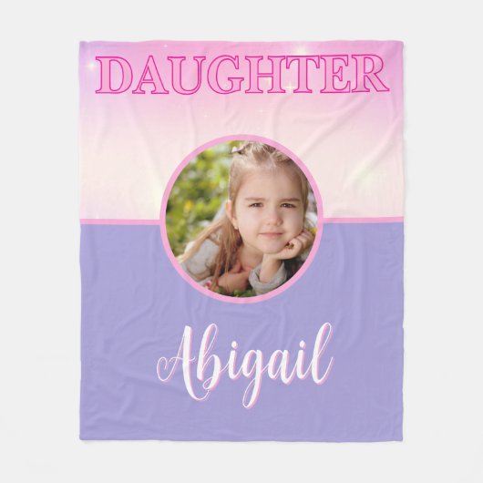 ドーターピンクと薄紫パープルカスタムの写真と名前 フリースブランケット (正面)