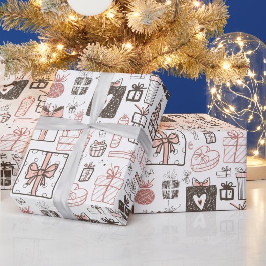 ドードルお洒落ギフトスケッチピンククリスマスキュート ラッピングペーパー (クリスマス)