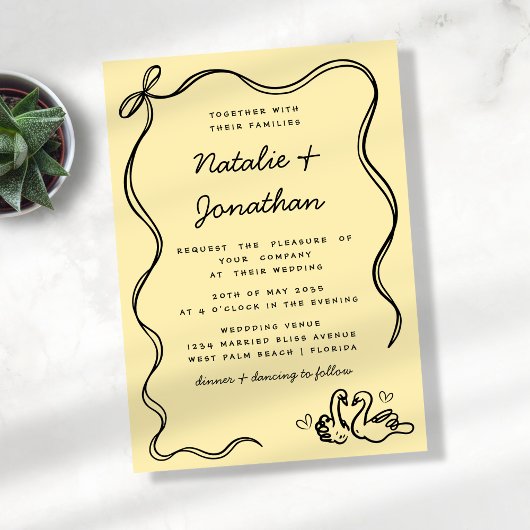 ドードルお洒落スワンバターイエローブラック結婚ズ 招待状