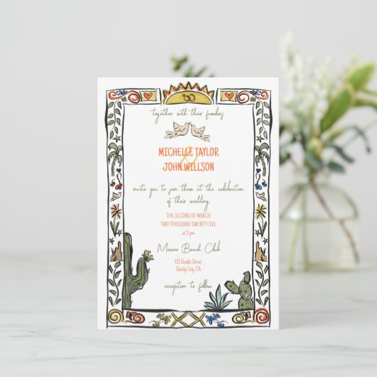 ドードルお洒落ハンドドロッドメキシコビーチ結婚式 招待状 (スタンド正面)