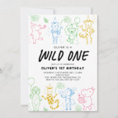 ドードルお洒落パーティー動物1歳の誕生日 招待状 (正面)