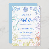 ドードルお洒落パーティー動物1歳の誕生日 招待状 (正面/裏面)